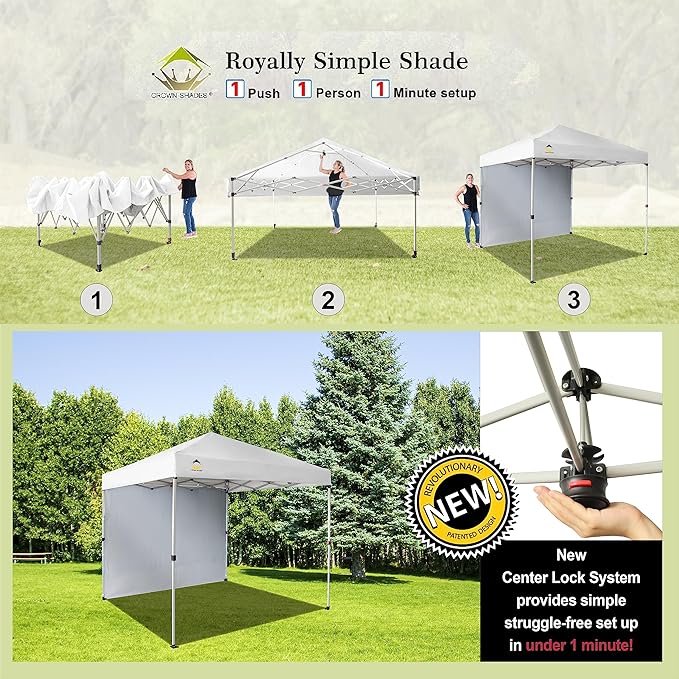 CROWN SHADES 8x8 Pop Up Canopy with 1 Side Wall - Beach Tent with One Push Setup - Outdoor Sun