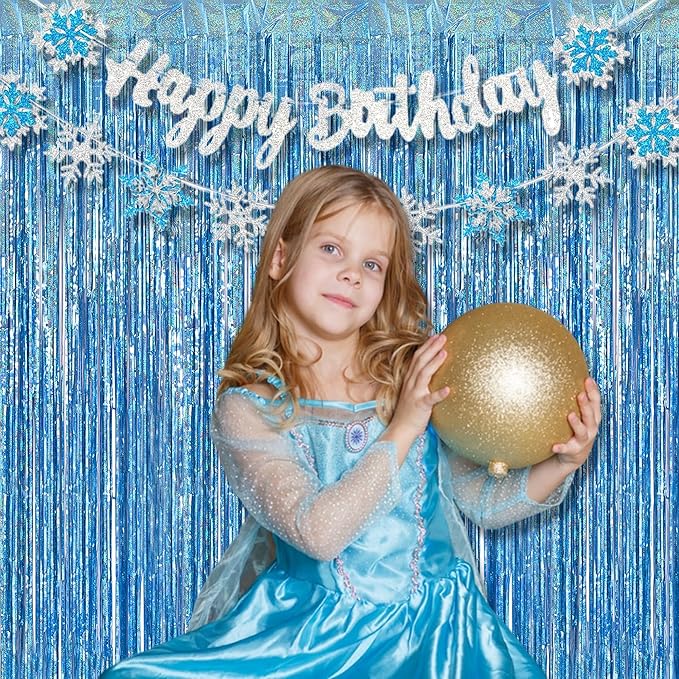 BRAVESHINE Light Blue Tinsel Foil Fringe Curtains - 2Pcs 3.2x8.2 ft Metallic Holiday Photo Booth