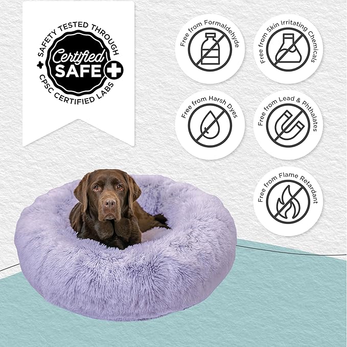 Best Friends by Sheri Original Calming Donut Dog and Cat Bed, Shag Faux Fur, Lavender, (36in x