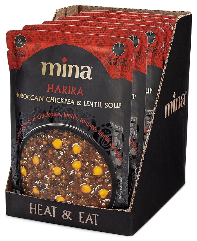 Mina Harira, Moroccan Chickpea & Lentil Soup, Ready to Eat Meals,10 oz Gluten Free Soup, High In
