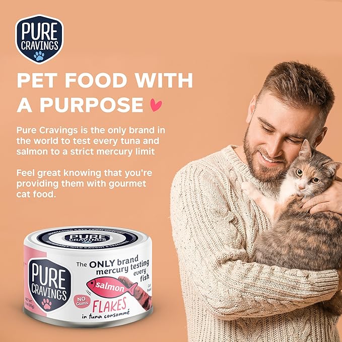 Pure Cravings Salmon Flakes in Tuna Consommé, Canned Wet Cat Food Soup, 100% Mercury-Tested, Moist
