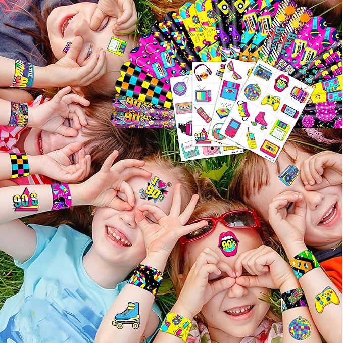 72PCS 90s & 80s Party Favors - 48PCS Pre-Cut Tattoos & 24PCS Slap Bracelets, Retro 90s Birthday
