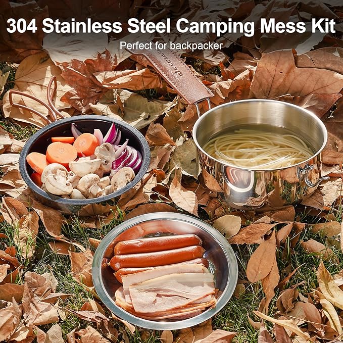 Odoland 10pcs Camping Cookware Stainless Steel Camping Pot and Pan Set with Plate Bowl Fork Knife