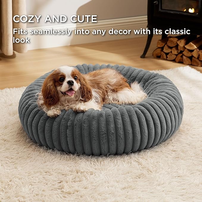 Bedsure Donut Medium Dog Bed - Washable Faux Fur with Corduroy Fleece & Anti Slip Bottom, Round Pet