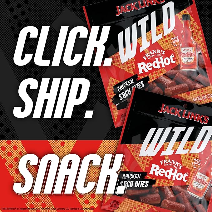 Jack Link's Wild Chicken Stick Bites Made with Frank's RedHot Flavor, Mini Meat Sticks, Shareable