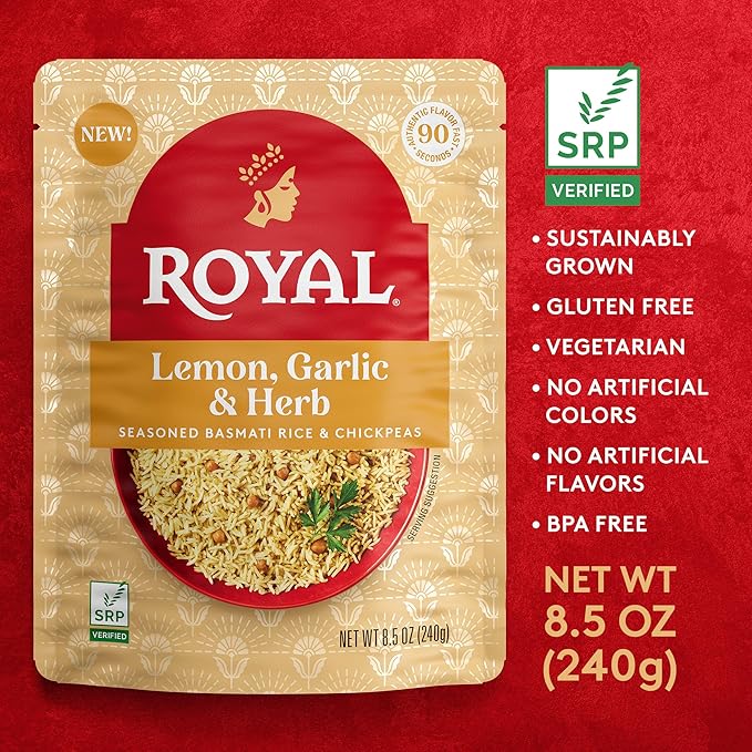 Royal Lemon, Garlic, and Herb Basmati White Rice and Chickpeas - Ready to Heat Basmati Rice - (6