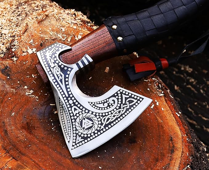 19" Viking Axe Carbon Steel Engraved Head with Leather Wrapped Wooden Handle & Sheath | Norse