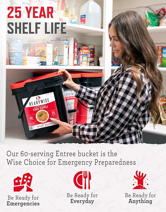 ReadyWise Entrée Bucket - 60 Servings, Emergency Food Supply for Survival Kit, Protein Meals