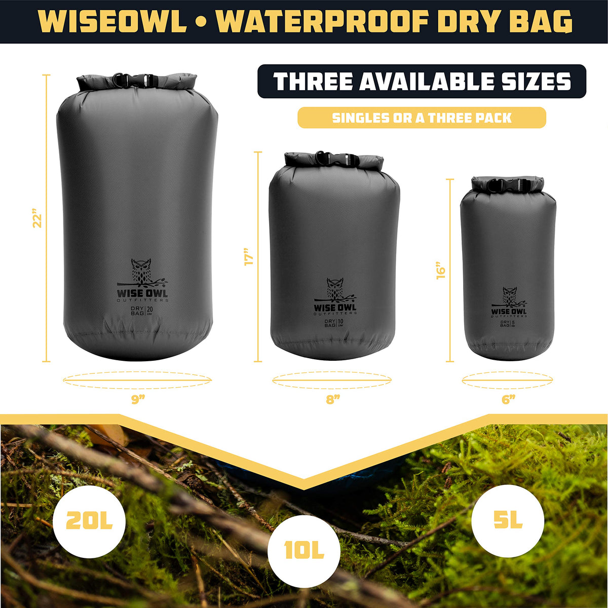 Wise Owl Outfitters Waterproof Dry Bag 3-Pack – Lightweight & Airtight 5L/10L/20L Small & Large Dry