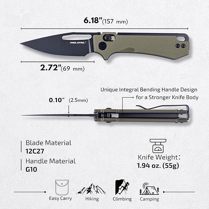 REALSTEEL VIS Pocket Knife, Folding Knife, Crossbar Lock, 2.72" Small 12C27 Steel PVD Black Blade