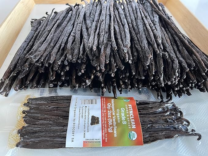 2oz Grade B Organic Madagascar Vanilla Beans for extract. Certified USDA Organic. 5"-7" by