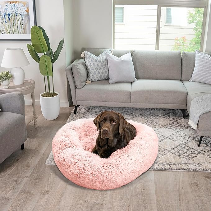 Best Friends by Sheri Original Calming Donut Dog and Cat Bed, Shag Faux Fur, Cotton Candy Pink