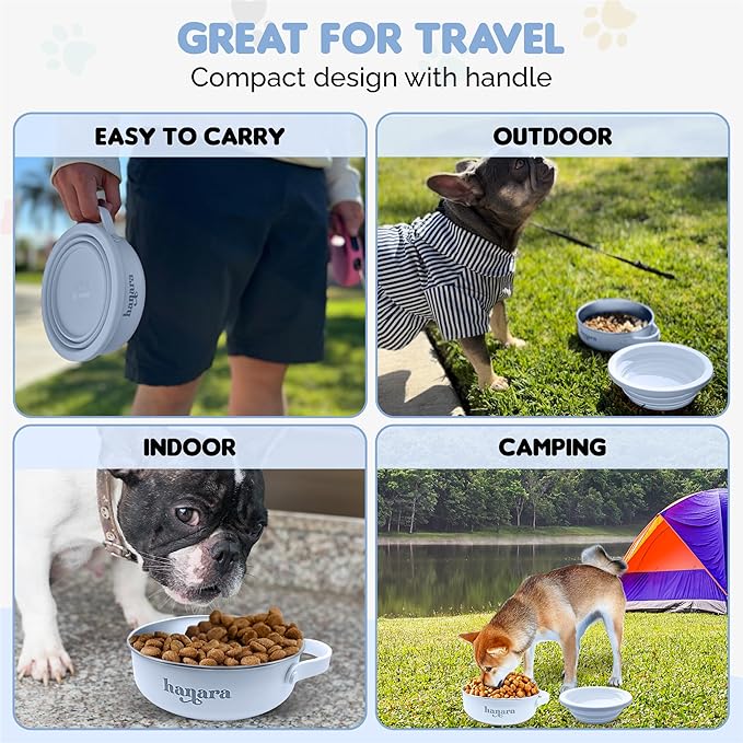 HANARA 2-in-1 Insulated Dog Bowl with Collapsible Lid & Handle ??Stainless Steel, Non-Slip Rubber