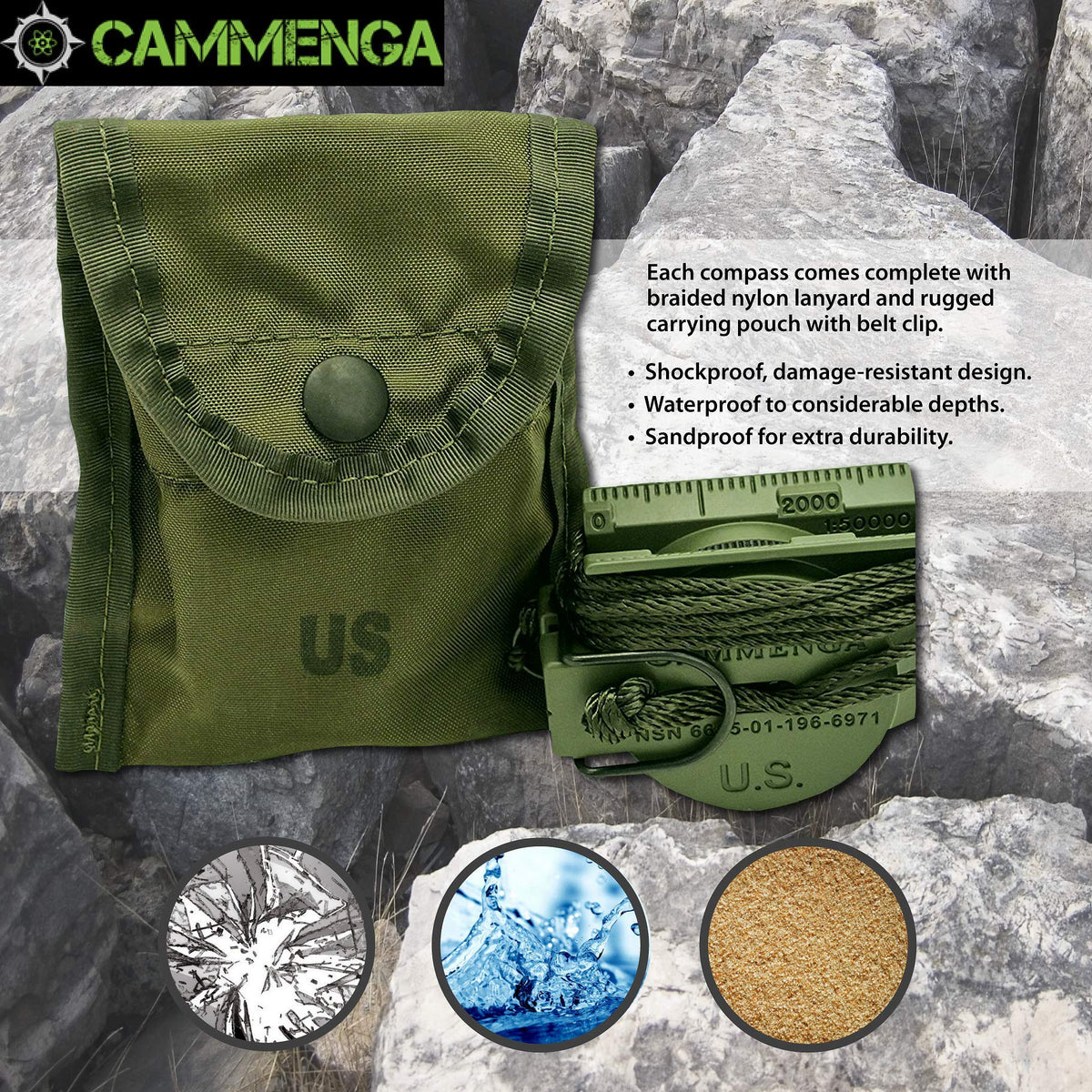 Cammenga 3H Tritium Military Lensatic Compass with Pouch, Olive Drab