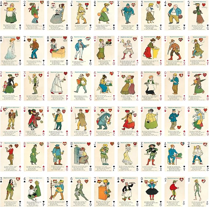 Valentine Day Playing Cards (Poker Deck 54 Cards All Different) Vintage Retro Funny Cartoons Poems