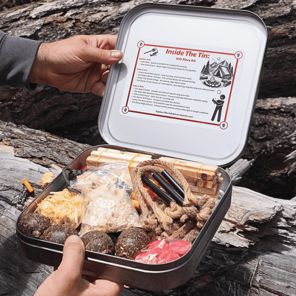 TinFerno Fire Starting Kit – 100pc Fire Starter for Campfires, Ferro Rod, Magnesium Flint, Char