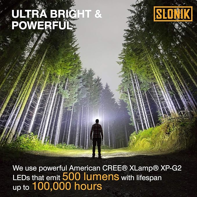 SLONIK Rechargeable Headlamp Flashlight - 500 Lumens Ultra Bright Headlight - IPX4 Waterproof Head