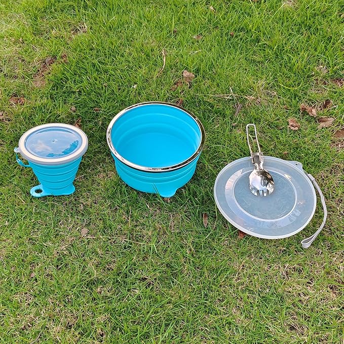 Mess Kit for Camping Silicone Collapsible Bowl Collapsible Cup and Stainless Steel Spoon for