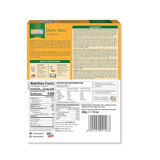 Ashoka Real Indian Meals 1932, Vegan Potato Curry, Ready to Eat Dum Aloo, All-Natural Instant