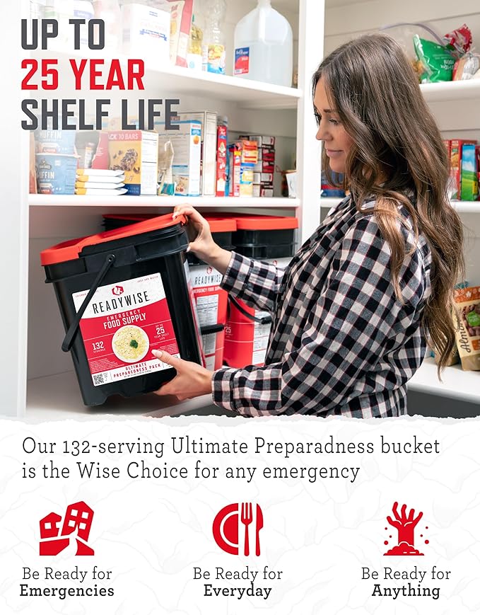 ReadyWise Emergency Food Supply - 132 Servings, Survival Bucket, Dehydrated & Freeze Dried Protein