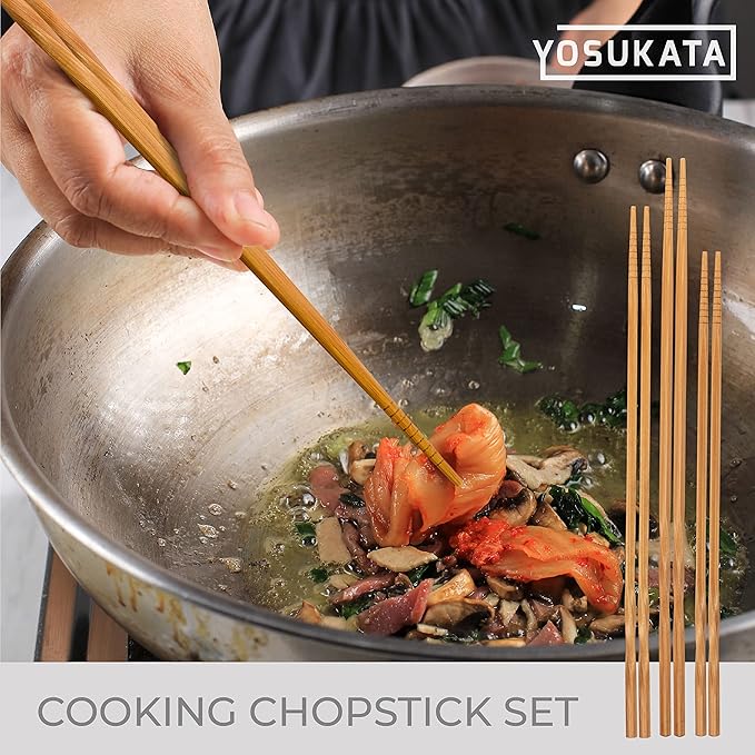 YOSUKATA Reusable Natural Wooden Long Cooking Chopsticks Set of 3 pairs: 11.8 inch, 13-inch, 14.2