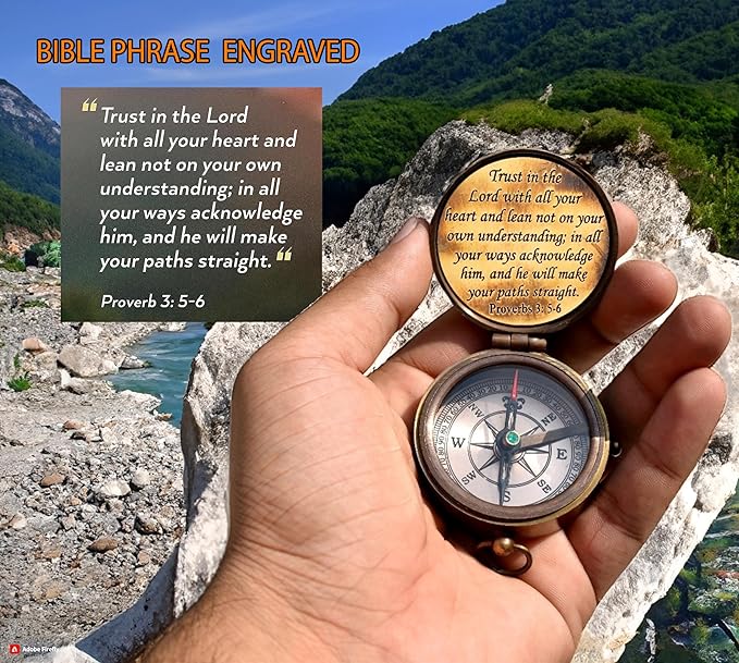 Trust in The Lord With All Your Heart - Proverbs 3:5-6 Quote Engraved Compass With Wooden Box
