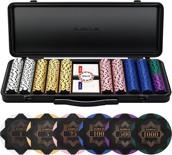 SLOWPLAY 14g Clay Poker Chips Set for Texas Hold'em, 500 PCS, with Numbered Values, Art Deco Style
