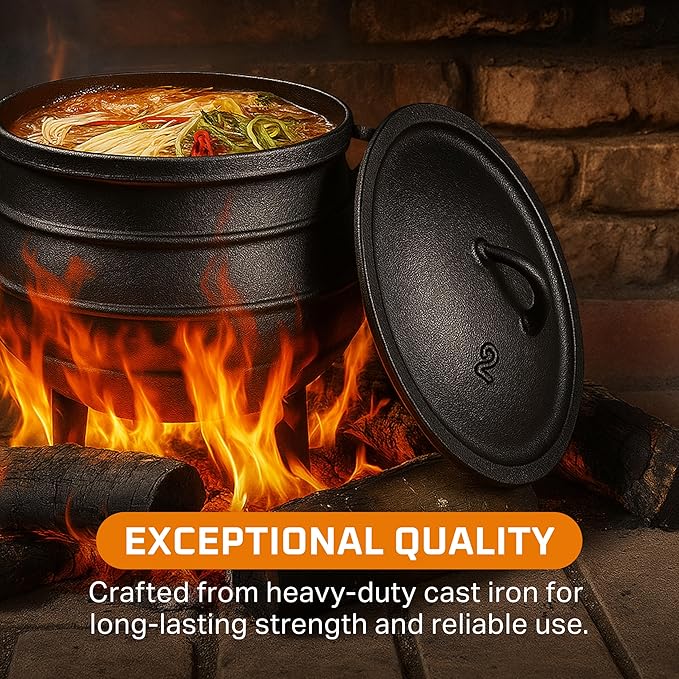 Bruntmor 8-Quart Pre-Seasoned Cast Iron Cauldron - African Potjie Pot with Lid - 3-Legged Pot for