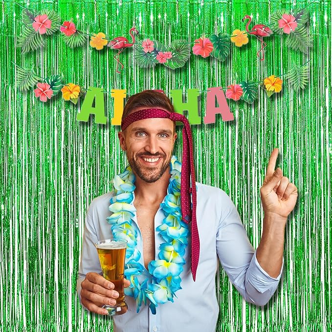 BRAVESHINE Green Metallic Tinsel Foil Fringe Curtains - 2 Pack 3.2 x 8.2 ft Metallic Photo Backdrop