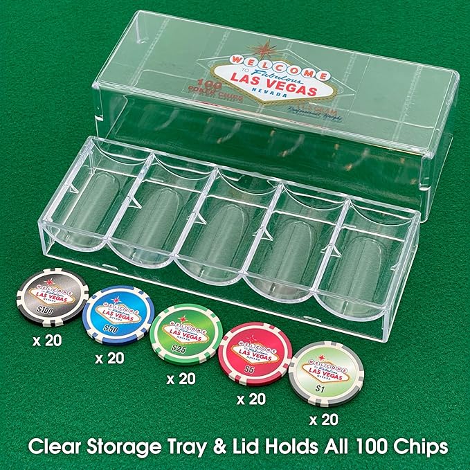 100 Piece Las Vegas Design Poker Chips in Clear Plastic Tray