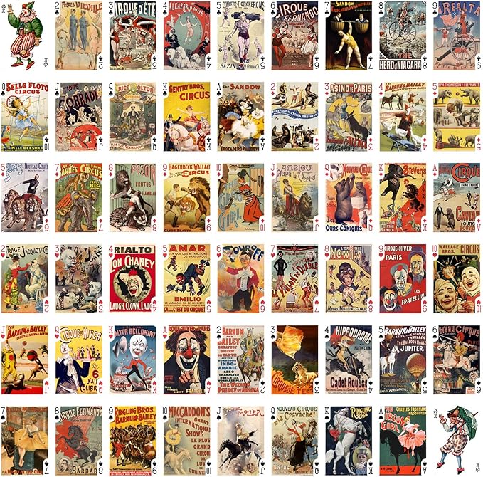 Retro Circus Playing Cards (Poker Deck 55 Cards All Different) Vintage Circus Clowns Animals