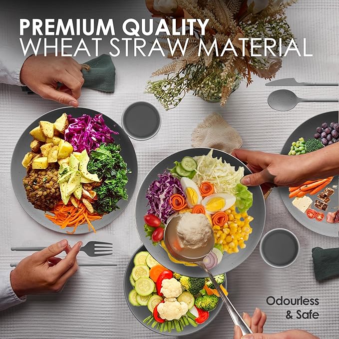 Wheatstraw Dinnerware Set For 4 - Dishwasher Microwave Plates For Heating Food - Unbreakable Wheat