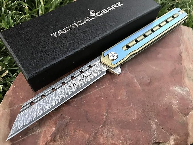 TACTICAL GEARZ Damascus Pocket Knife for EDC, Solid Titanium Handle, 67 Multi-Layered Damascus