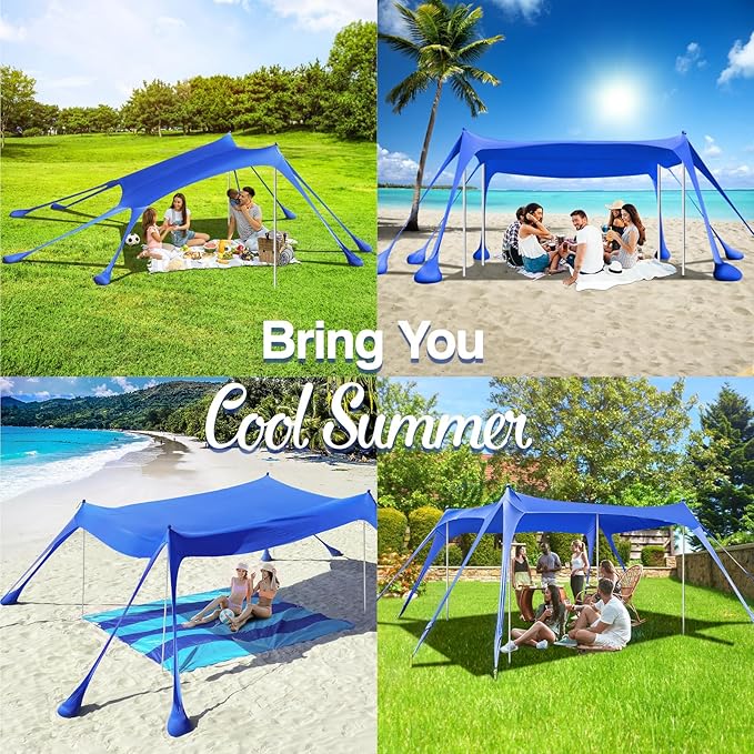 Rhino Valley Beach Tent Shade Canopy UPF50+ Protection, 8 Sandbags, 4 Stability Poles, Outdoor Sun
