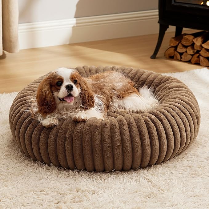 Bedsure Donut Medium Dog Bed - Washable Faux Fur with Corduroy Fleece & Anti Slip Bottom, Round Pet
