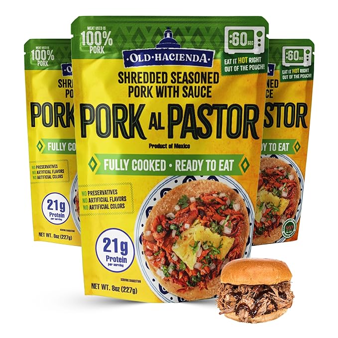 Old Hacienda Pork al Pastor | 100% Shredded Seasoned Pork with Sauce | Fully Cooked & Ready to Eat