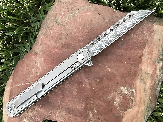 TACTICAL GEARZ Damascus Pocket Knife for EDC, Solid Titanium Handle, 67 Multi-Layered Damascus