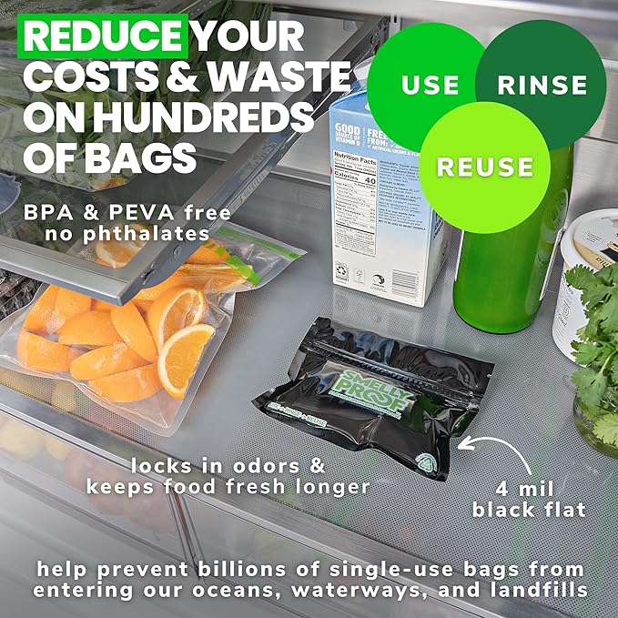 10pk 4-MIL Thick HEAVY DUTY Smelly Proof Reusable Bags Black, USA-Made, Reusable Food Storage Bags