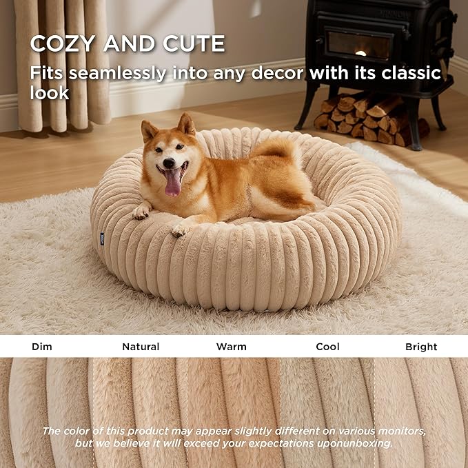 Bedsure Donut Large Dog Bed - Washable Faux Fur with Corduroy Fleece & Anti Slip Bottom, Round Pet