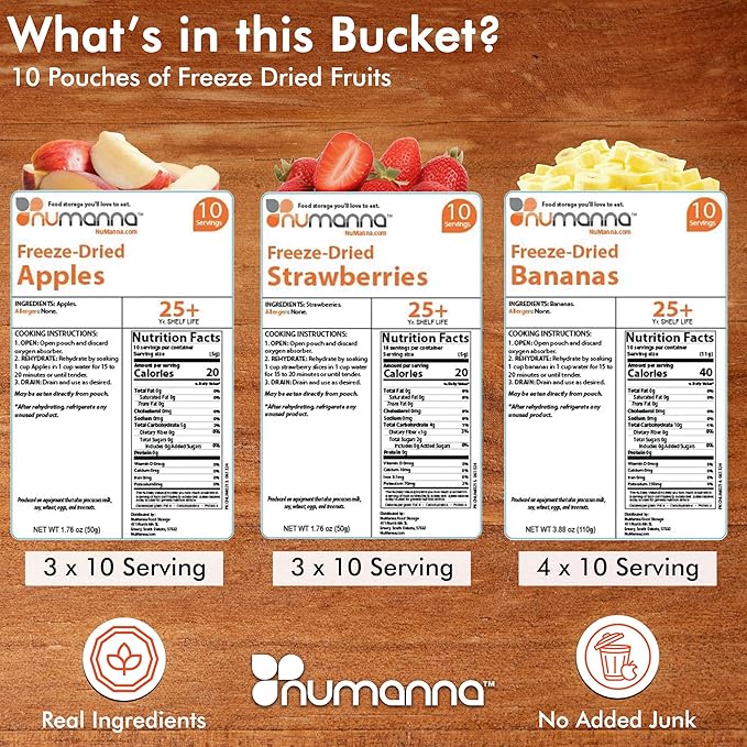 Numanna Freeze-Dried 6 Fruit Bucket ??600 Servings | Apples, Bananas, Strawberries | Healthy Snack