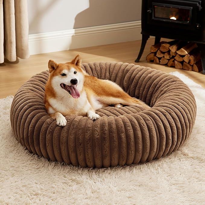 Bedsure Donut Large Dog Bed - Washable Faux Fur with Corduroy Fleece & Anti Slip Bottom, Round Pet