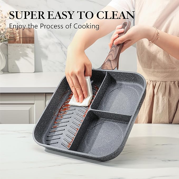 Sensarte Nonstick 11-Inch Square Grill Pan, 3-Section Versatile Breakfast Skillet, Die-cast