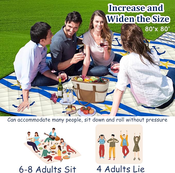 Poedist Extra Large Picnic Blanket Waterproof,80"x 80"Foldable Machine Washable Beach