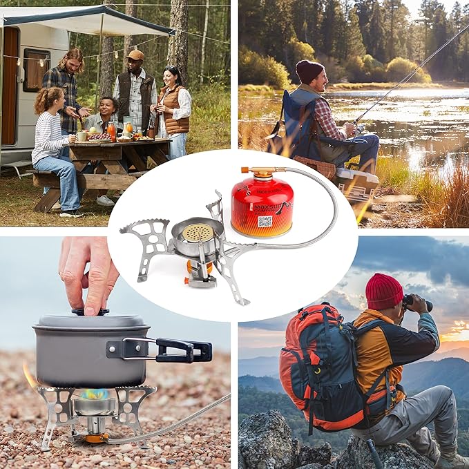 Camping Stove with Fuel Canister Adapter Portable Collapsible Gas Stove with Piezo