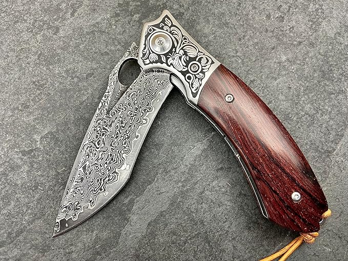 TACTICAL GEARZ Damascus Pocket Folding Knife, Natural Rosewood Handle, Damascus Steel Blade