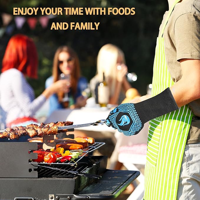 BBQ Fireproof Gloves, Grill Cut-Resistant Gloves 1472°F Heat Resistant Gloves, Non-Slip Silicone