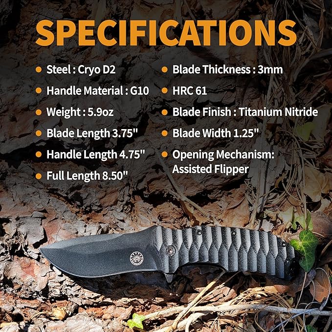 Off-Grid Knives - Rapid Fire Blackout - Large Folding Knife for Camping & EDC, Cryogenic D2 Blade