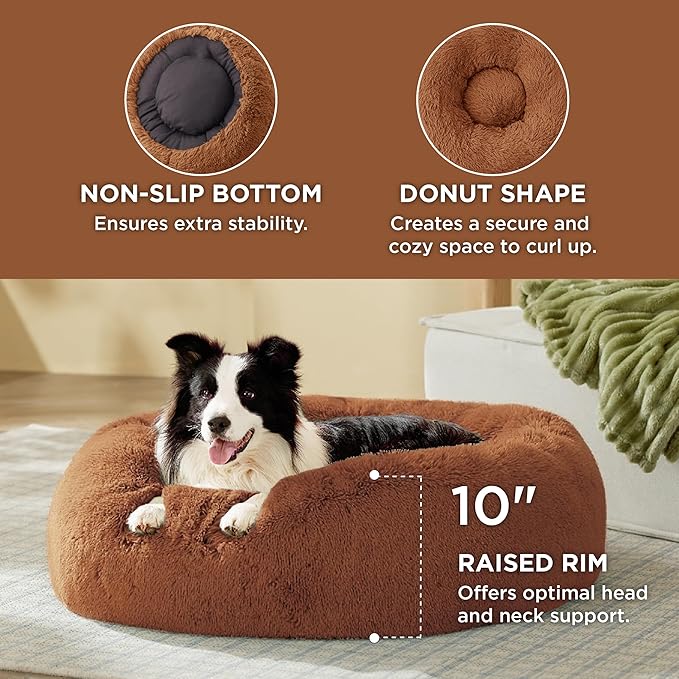 Bedsure Calming Dog Bed for Large Dogs - Donut Washable Large Pet Bed, 36 inches Anti-Slip Round