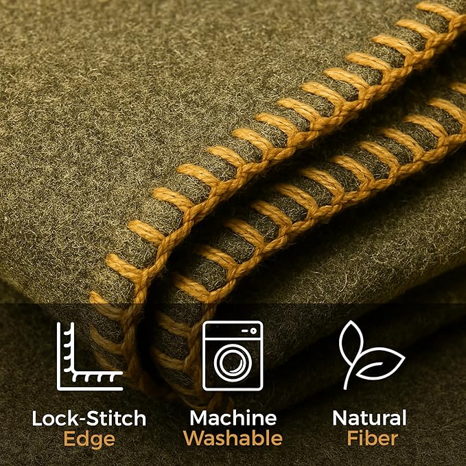 Wool Camping Blanket – 70% Wool Heavy-Duty Military Style Throw, Warm & Washable, Fire Retardant