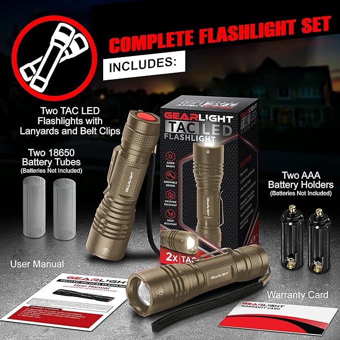 GearLight TAC LED Flashlight Pack - 2 Super Bright, Compact Tactical Flashlights with High Lumens
